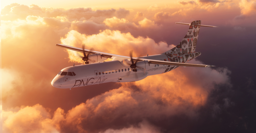 Aircraft CGI: PNG Air ATR-72 flying over golden clouds. Airline branding content.